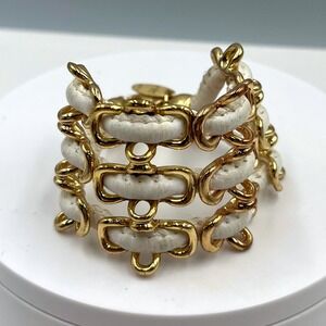 Vintage New York‎ Gold Tone White Faux Leather Multi Row Cuff Bracelet Statement